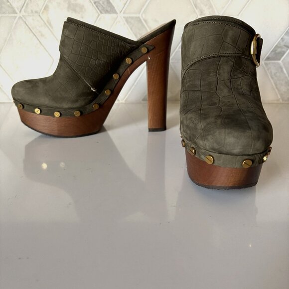 Veronica Beard Shoes - Veronica Beard Size 6.5M Green Suede Croc Wooden Block Heel Clog Alek Croc Clog
